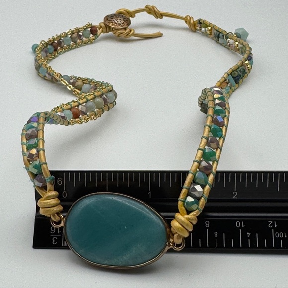 Boho Leather Beaded Necklace w/ Teal Gemstone Pendant 20-22” - Picture 8 of 9